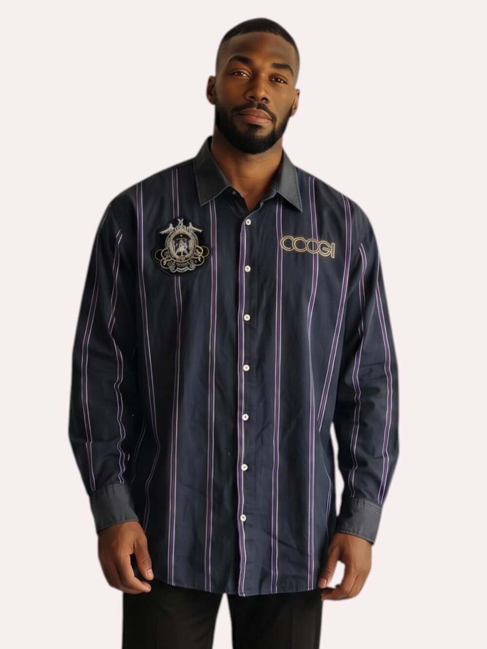 Coogi Button Up Royalty L/S Shirt Mens Size 5XL Embroidered Crest Purple/Black
